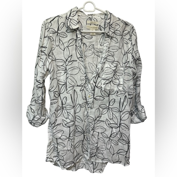 CYNTHIA ROWLEY Floral Print Roll Tab Sleeve 100% Linen Blouse - Picture 1 of 6